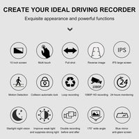 1080P Dual Dash Cam with 10'' Touchscreen & Front/Rear Camera